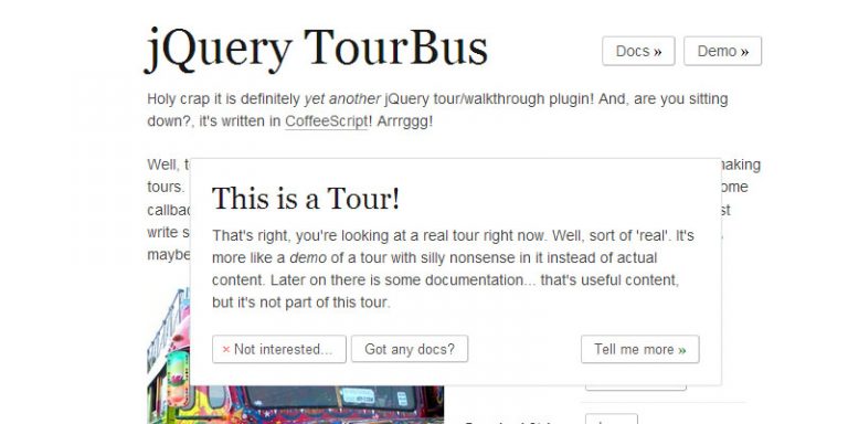 Jquery Tour Bus plugin to create website tour/walkthrough