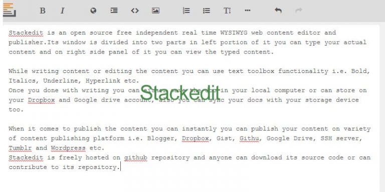 Stackedit is a free content editing and publishing web app