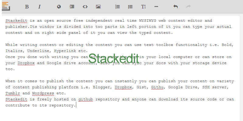 Stackedit is a free content editing and publishing web app